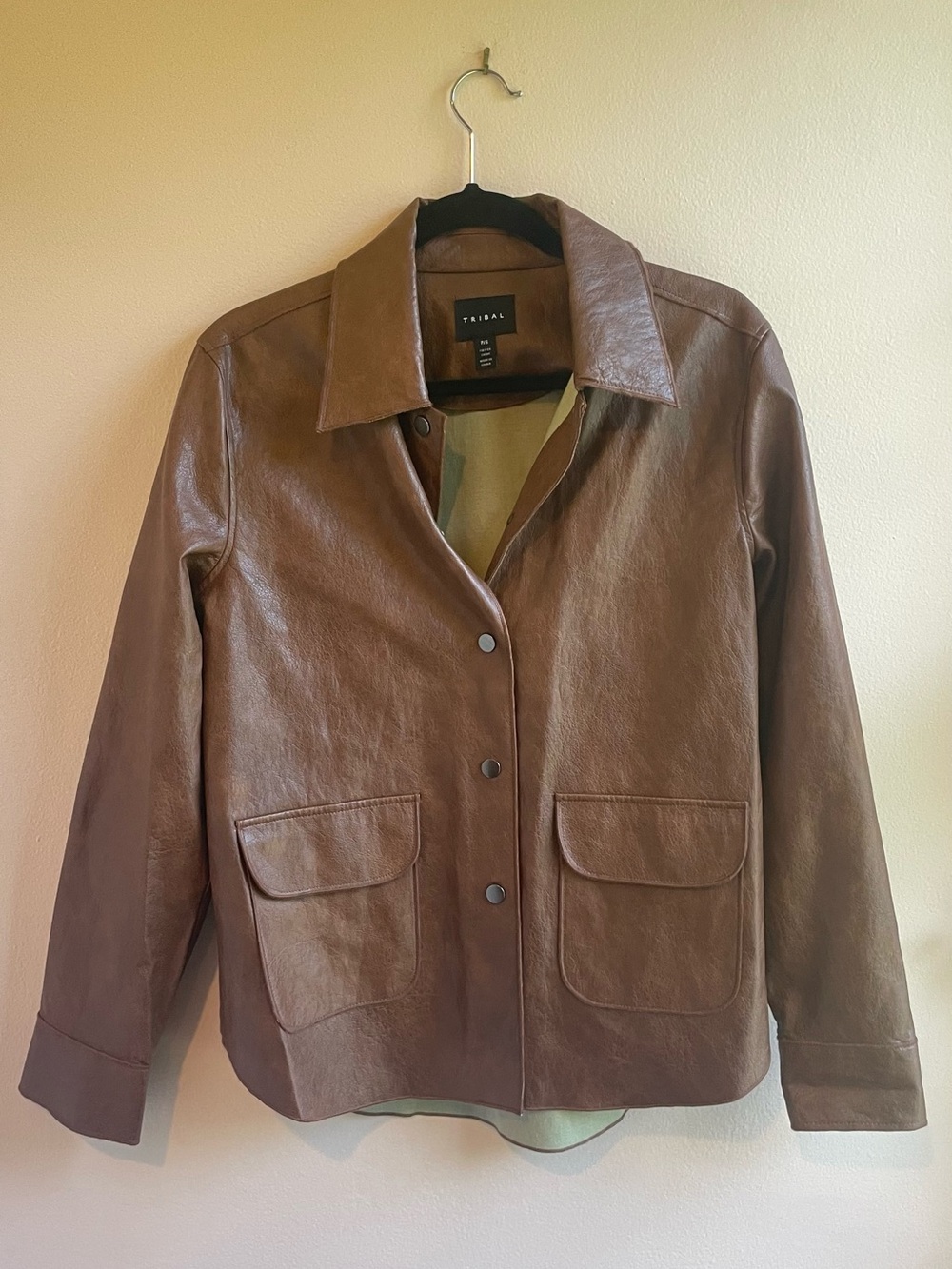 Tribal Brown Faux Leather Shirt Jacket Shacket Snap Front Flap Pockets Size S